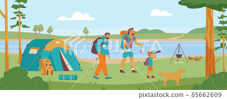 Family of tourists travel in forest with backpacks, flat vector illustration. Family of tourists travel in forest with backpacks, flat vector illustration. 85662609