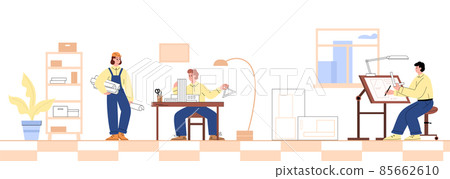 Architects in the office working on building draft or blueprint, flat vector illustration on white. Architects in the office working on building draft or blueprint, flat vector illustration on white. 85662610