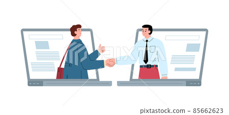 Online conference call between business partners. Characters shake hands in flat Online conference call between business partners. Characters shake hands in flat 85662623