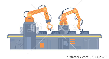 Smart factory production line with robotic arms, vector illustration isolated. Smart factory production line with robotic arms, vector illustration isolated. 85662628