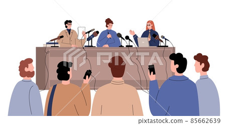 Press conference interview flat vector illustration. Speaker's speech with microphone at presentation. 85662639