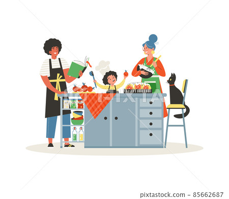 Multicultural family cook dinner,vector illustration. Mom, Dad and son prepare vegetable meal and citrus cake together. 85662687