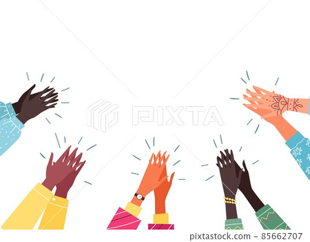 Diverse and multicultural peoples hands applauding and cheering, cartoon vector illustration on white background. 85662707