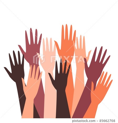 Diverse ethnic and multiracial hands raised up flat vector illustration isolated. 85662708
