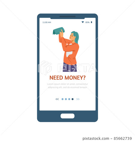Need money flat vector banner for mobile phone app. Sad girl look inside empty wallet. Broke woman illustration Need money flat vector banner for mobile phone app. Sad girl look inside empty wallet. Broke woman illustration 85662739