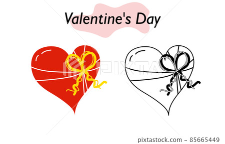 A gift for Valentine day in the form of a red heart tied with a ribbon with a bow. A symbol of love and a Valentine Day holiday. Vector illustration. 85665449