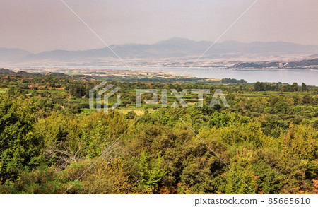 Polyfytos artificial lake morning in Greece. Polyfytos artificial lake morning in Greece. 85665610