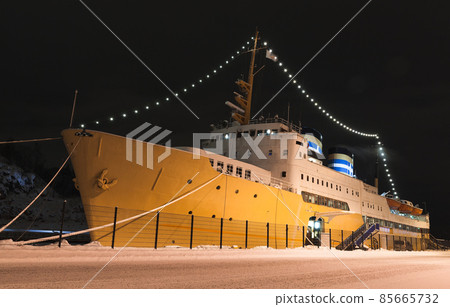 Vintage passenger ferry ship with yellow hull 85665732