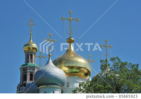 view of the domes of the churches of the Novodevichy monastery in Moscow view of the domes of the churches of the Novodevichy monastery in Moscow 85665923