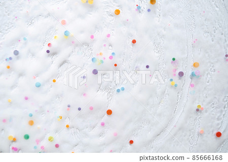 Home made glitter slime glue with colored confetti. Background for craft masterclass. Slime Activity for children. Modern texture banner. Abstract textured background transparent 85666168