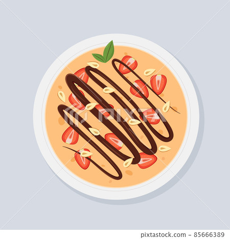 Thin pancake with chocolate,strawberries,peanuts. 85666389