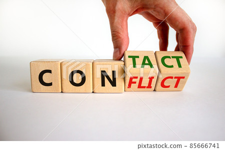 Conflict or contact symbol. Businessman turns wooden cubes and changes the word 'conflict' to 'contact'. Beautiful white background, copy space. Business, conflict or contact concept. Conflict or contact symbol. Businessman turns wooden cubes and changes the word 'conflict' to 'contact'. Beautiful white background, copy space. Business, conflict or contact concept. 85666741