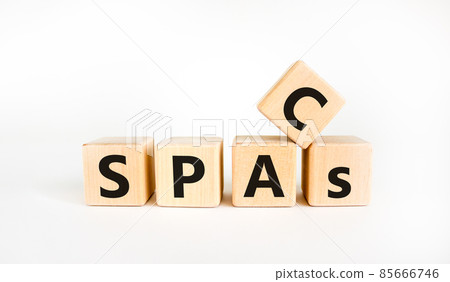 SPACs, special purpose acquisition companies symbol. Cubes with words 'SPACs, special purpose acquisition companies' on beautiful white background, copy space. Business and SPACs concept. 85666746
