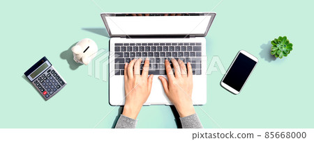 Woman using a laptop computer with a piggy bank Woman using a laptop computer with a piggy bank 85668000
