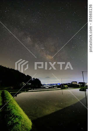 Spring starscape of mountain village Milky Way flowing through rice fields Spring starscape of mountain village Milky Way flowing through rice fields 85668136