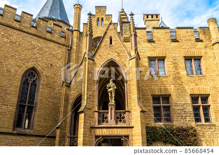 Hohenzollern Castle, Germany, Europe. Detail with its ruler statue. Hohenzollern Castle, Germany, Europe. Detail with its ruler statue. 85668454