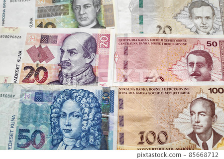 Stack of Croatian Kuna and Bosnia and Herzegovina convertible mark Stack of Croatian Kuna and Bosnia and Herzegovina convertible mark 85668712