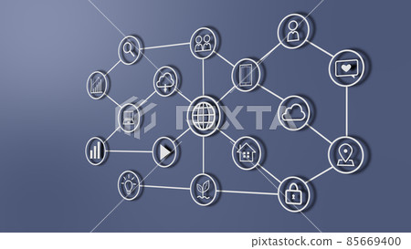 通過線 3D 連接的圖標（計算機、智能手機、人類、生態等） 85669400