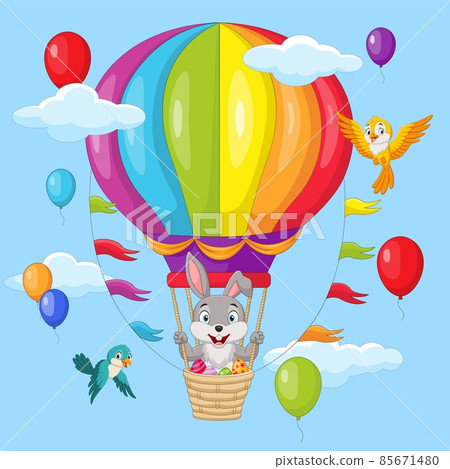 Cute little bunny and easter eggs flying in hot air balloon 85671480