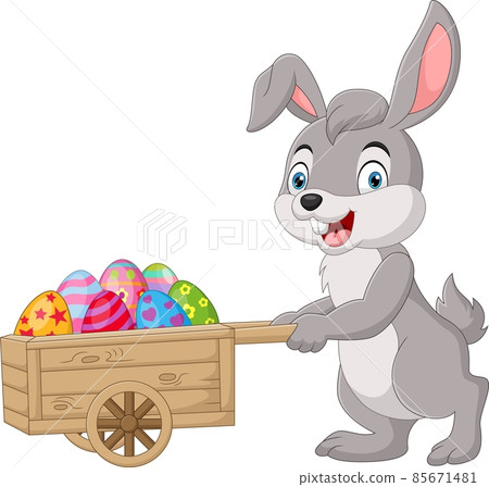 Cartoon rabbit pushing cart full of Easter eggs Cartoon rabbit pushing cart full of Easter eggs 85671481