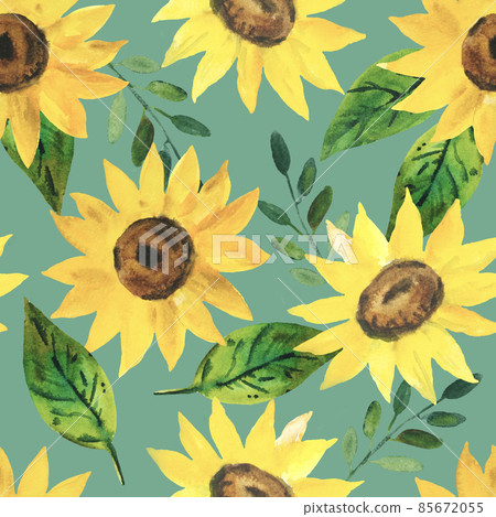 Watercolor seamless pattern with bright yellow sunflowers and green leaves Watercolor seamless pattern with bright yellow sunflowers and green leaves 85672055