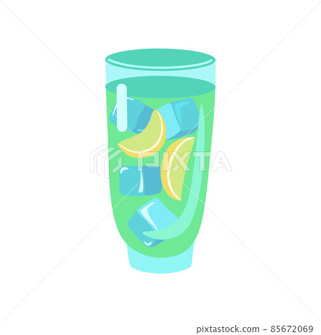 Glass of lemonade with ice and lemon slices isolated on white background. Vector cartoon illustration. Glass of lemonade with ice and lemon slices isolated on white background. Vector cartoon illustration. 85672069