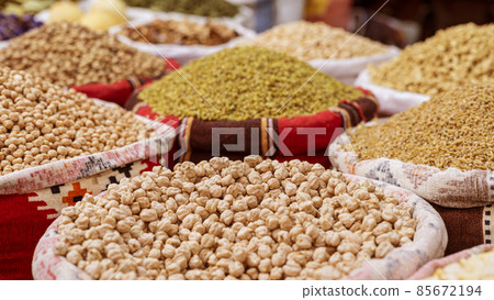 Dried food products on the arab street market stall. 85672194