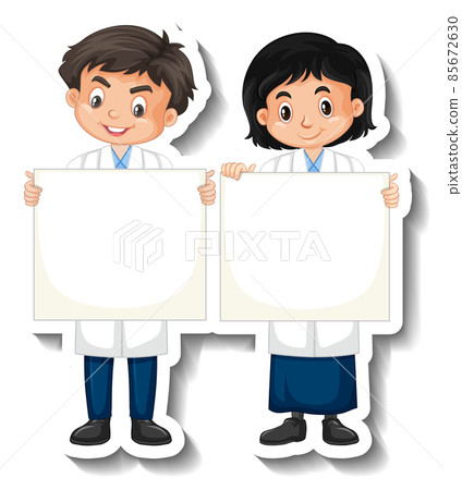 Scientist couple kids holding board empty cartoon character sticker 85672630