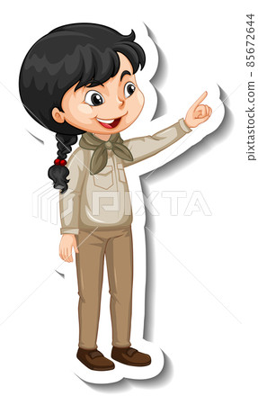 Safari girl with pointing pose cartoon character sticker Safari girl with pointing pose cartoon character sticker 85672644