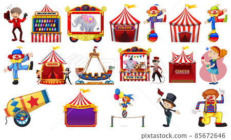 Set of circus characters and amusement park elements Set of circus characters and amusement park elements 85672646