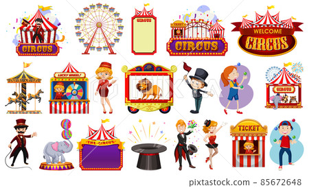 Set of circus characters and amusement park elements Set of circus characters and amusement park elements 85672648