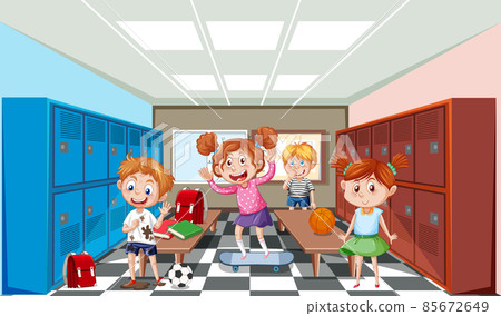 Locker room scene with school kids Locker room scene with school kids 85672649