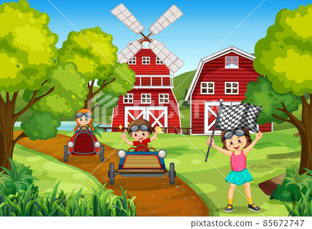 Park scene with children using technology devices Park scene with children using technology devices 85672747