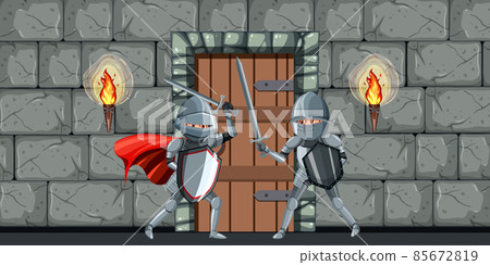 Scene with two medieval knights fighting - Stock Illustration [85672819 ...