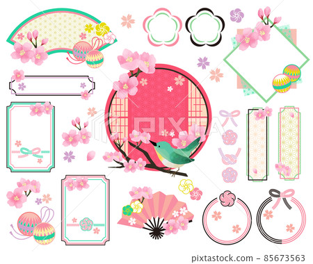 Vector illustration material of gorgeous and cute cherry blossom and Japanese frame material / frame / ribbon / headline / Hinamatsuri 85673563