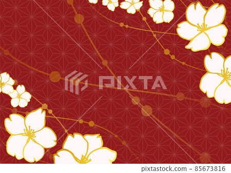 Background material with golden cherry blossoms and hemp leaf pattern 85673816