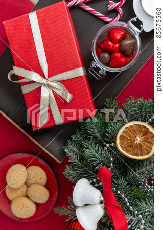 christmas gift, cookies, candies and fir wreath 85675568