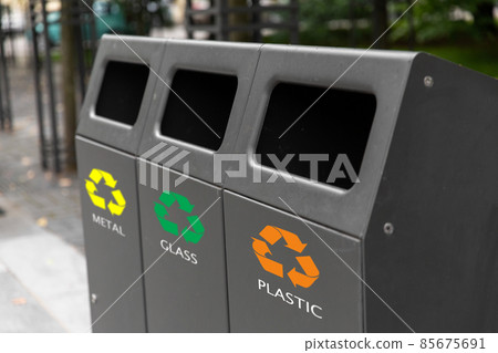 trash container for waste sorting on city street 85675691