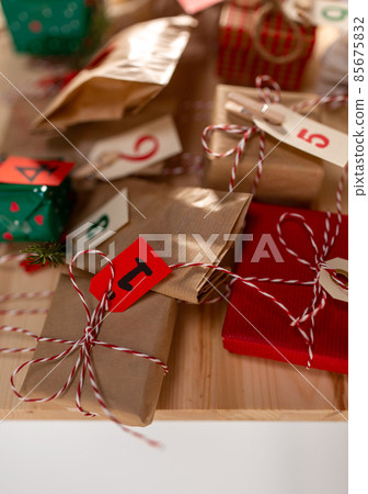 close up of christmas advent calendar on board 85675832