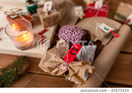 close up of christmas gifts for advent calendar 85675834