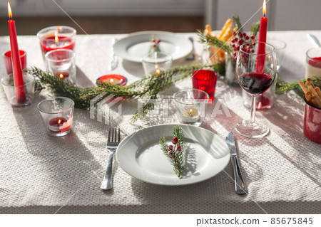 christmas dinner party table serving at home 85675845