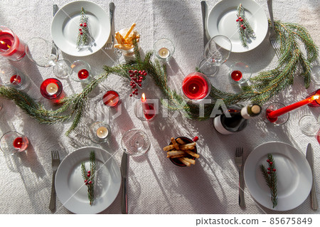 christmas dinner party table serving at home 85675849