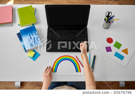 elementary school teacher with laptop on table elementary school teacher with laptop on table 85676796