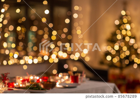blurred table serving for christmas party at home 85678289