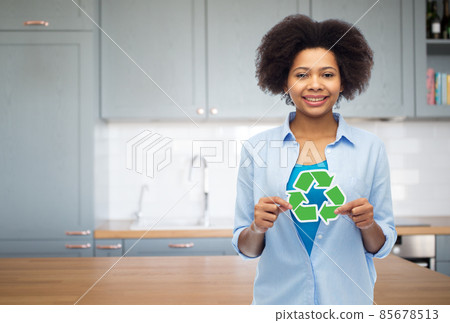 happy young woman with recycling sign on kitchen happy young woman with recycling sign on kitchen 85678513
