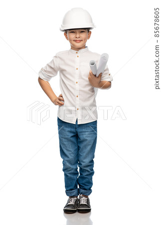little boy in construction helmet with blueprints little boy in construction helmet with blueprints 85678605