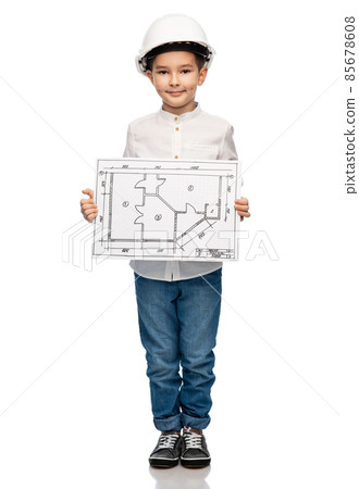 little boy in construction helmet with blueprint 85678608