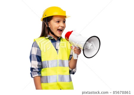 little girl in helmet talking to megaphone little girl in helmet talking to megaphone 85678861