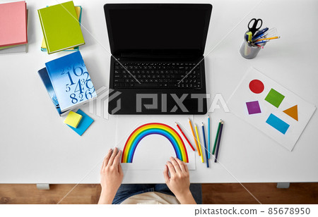 elementary school teacher with laptop on table 85678950