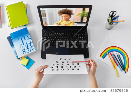 teacher with alphabet and student girl on laptop 85679236